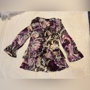 Metrostyle Sz 4 Floral Ruffle Blouse in Purple and Brown
